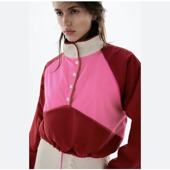 Zara Red Pink Sz XS  Crop Jacket Women's Windbreaker Colorblock Y2K Fleece Lined - Picture 1 of 10
